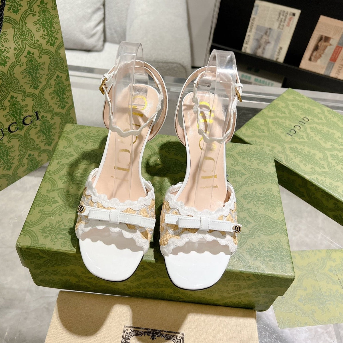 GG HIGH - HEEL SANDAL WHITE FABRIC ATTACH BOW