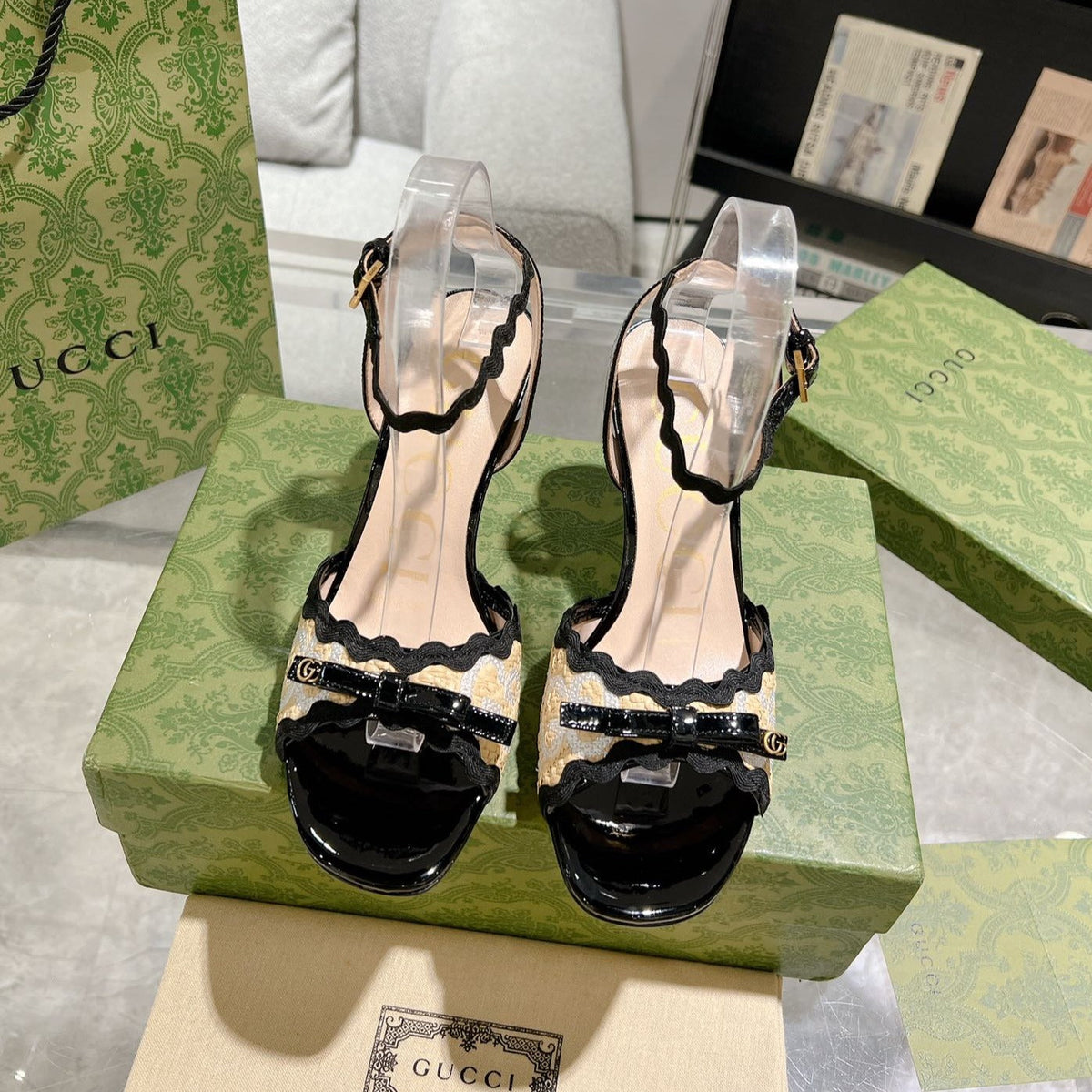 GG HIGH - HEEL SANDAL BLACK FABRIC ATTACH BOW