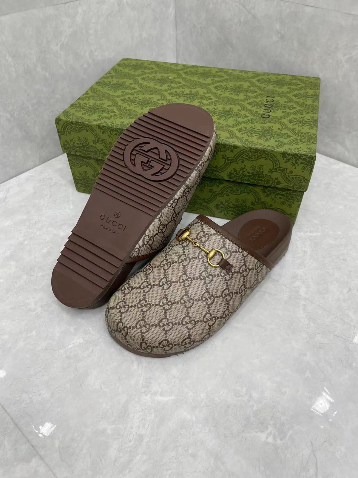 MULE WITH GOLD HORSEBIT IN BEIGE AND EBONY MONOGRAM CANVAS