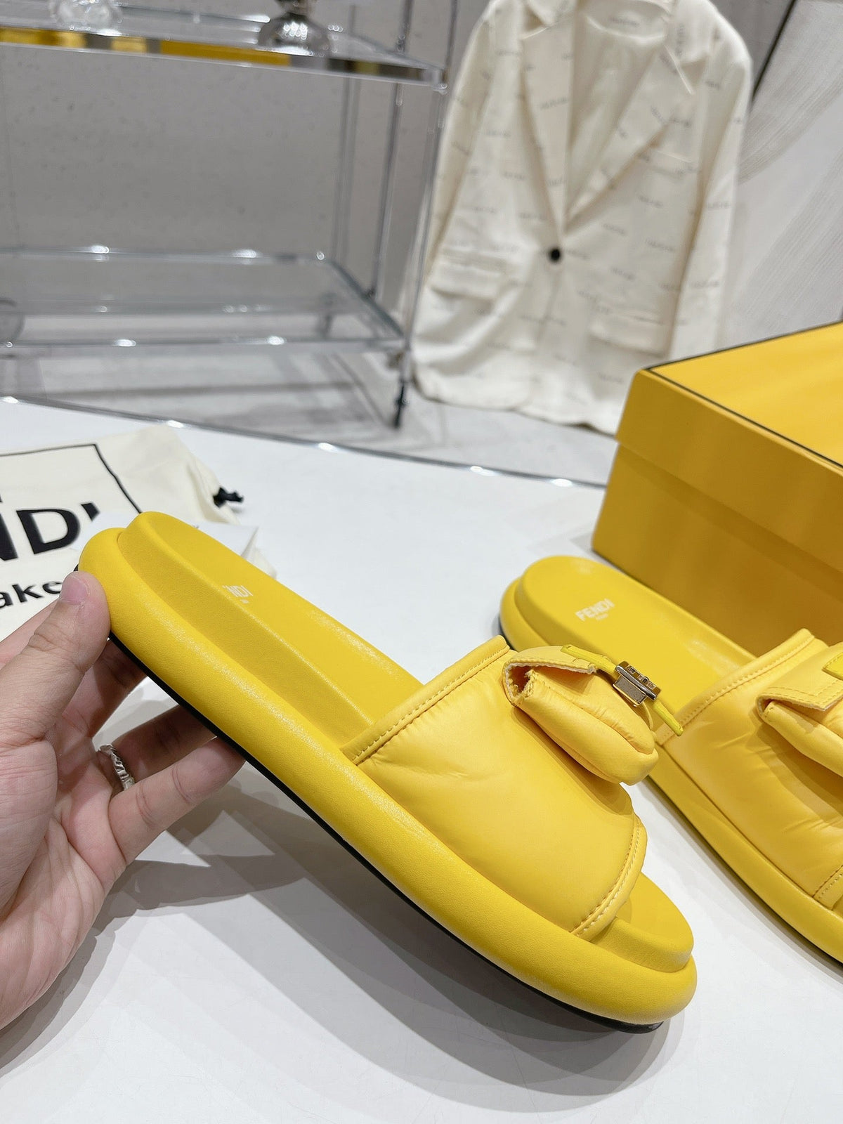FENDI BAGUETTE SLIPPERS IN NAPLES YELLOW LAMBSKIN WITH GOLD HARDWARE