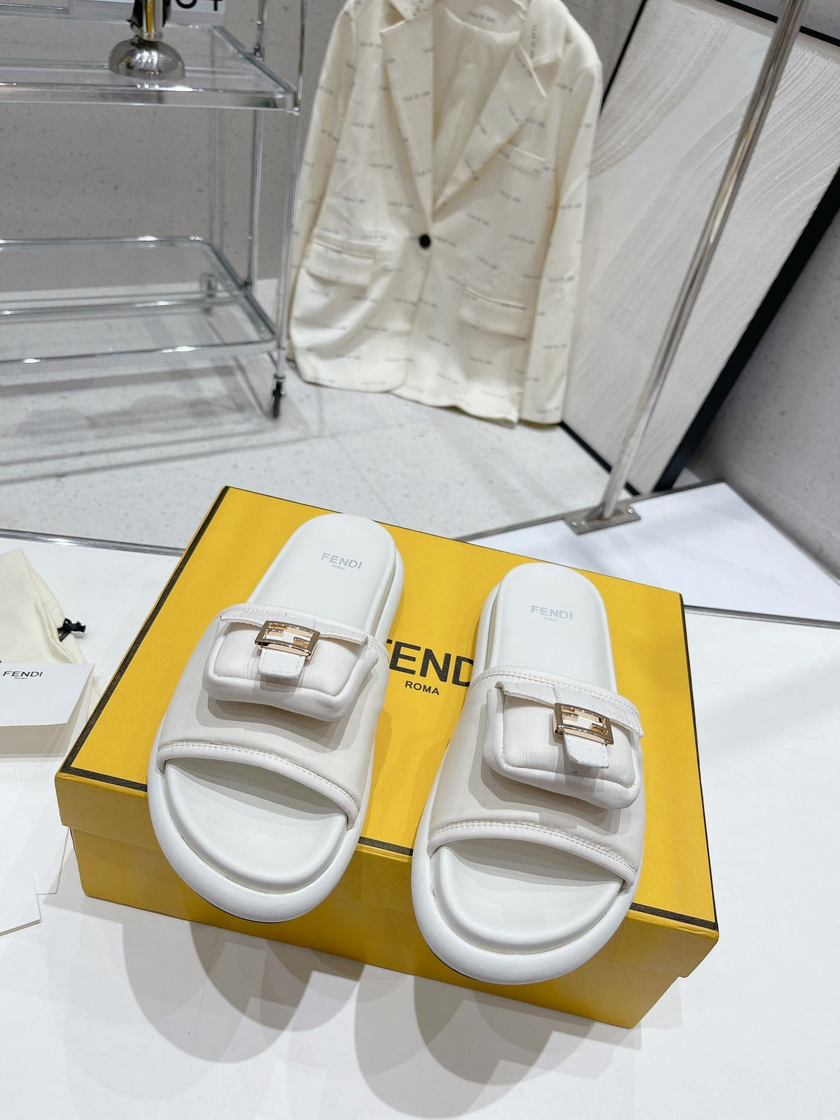 FENDI BAGUETTE SLIPPERS IN WHITE LAMBSKIN WITH GOLD HARDWARE
