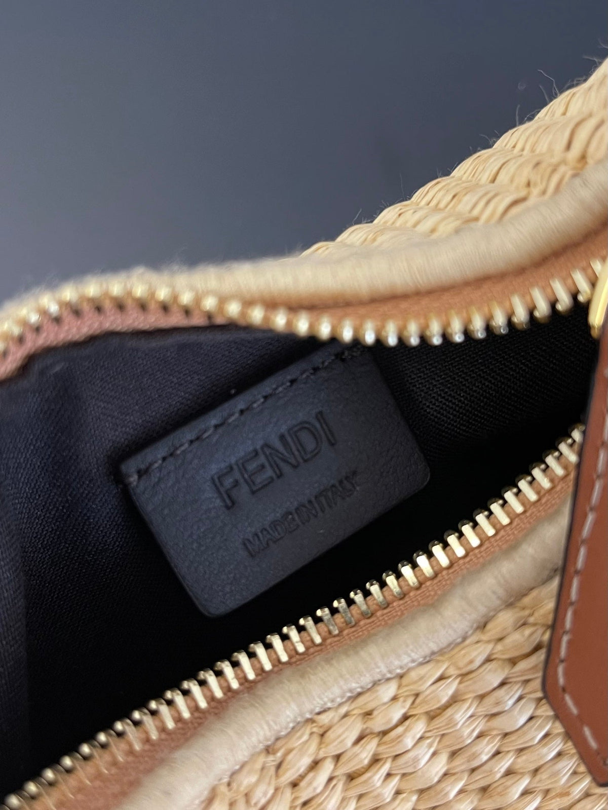 FENDIGRAPHY MINI 16 IN BEIGE STRAW AND BROWN CALFSKIN TRIM GOLD HARDWARE