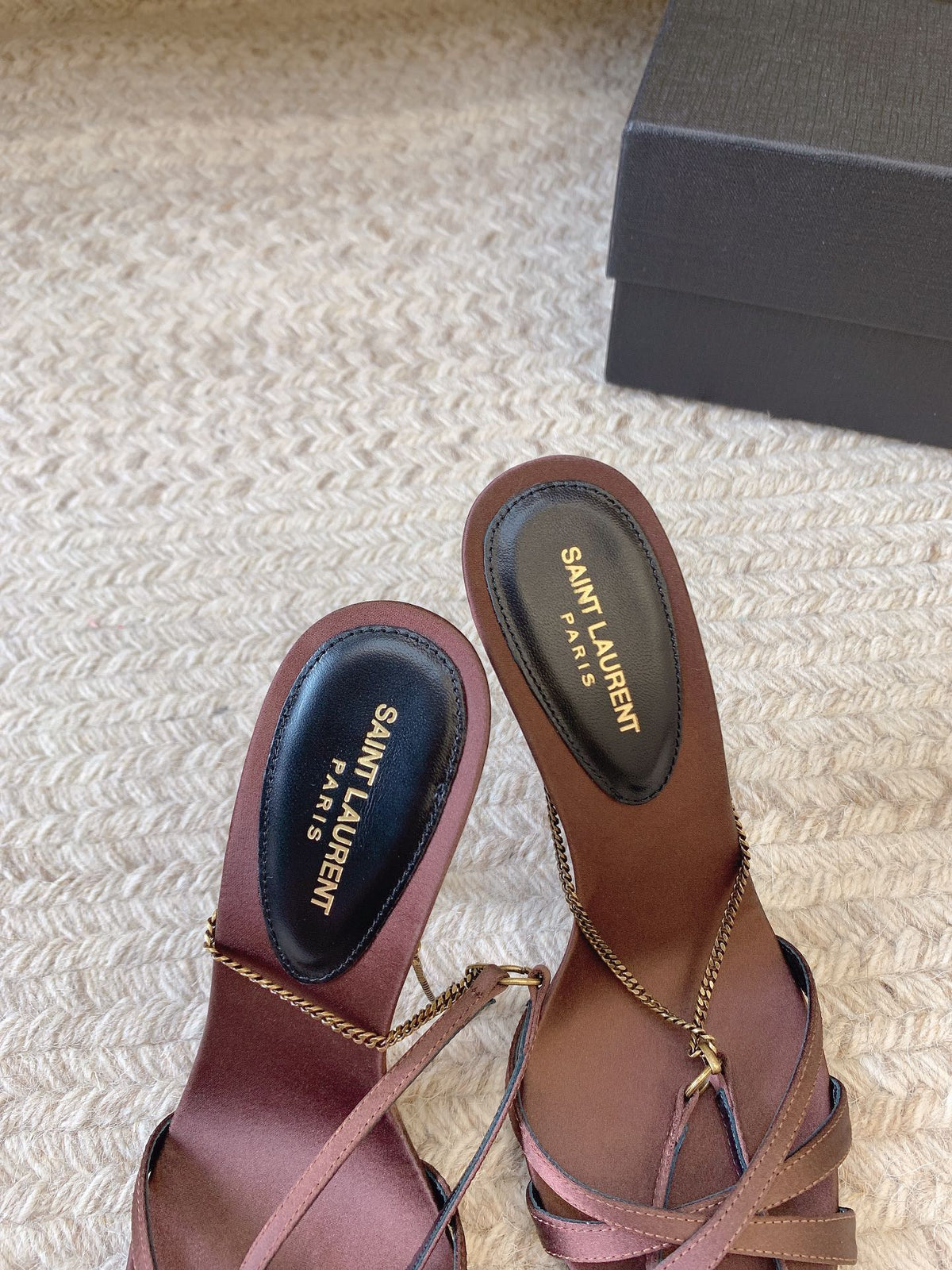 CROSS STRAP HIGH HEEL IN CHESTNUT SILK GOLD CHAIN