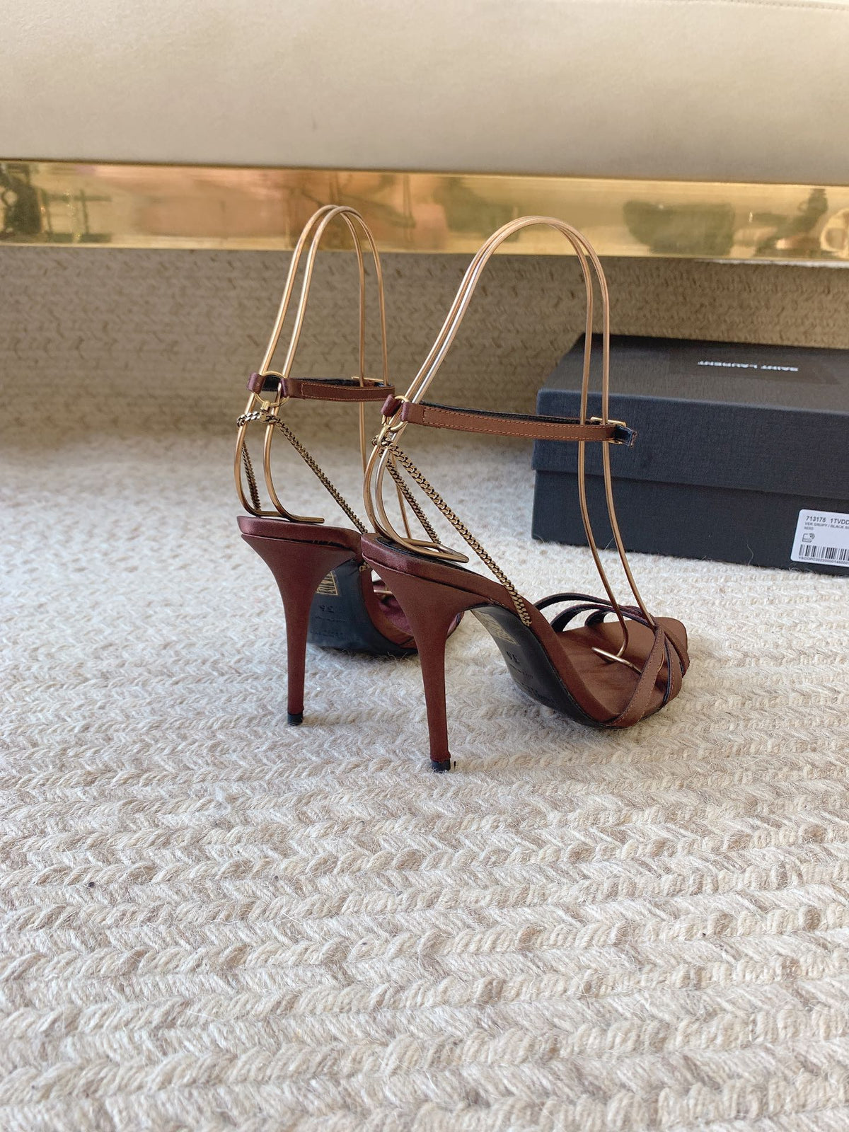 CROSS STRAP HIGH HEEL IN CHESTNUT SILK GOLD CHAIN