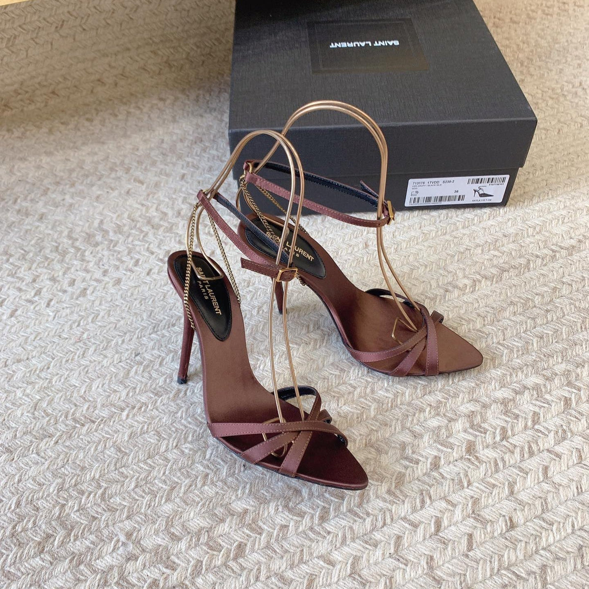 CROSS STRAP HIGH HEEL IN CHESTNUT SILK GOLD CHAIN