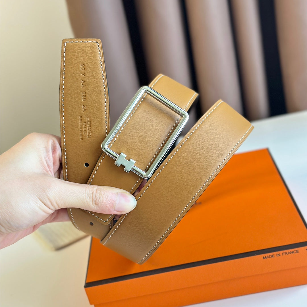 TUBE H BELT BUCKLE & REVERSIBLE PASTEL ORANGE AND BLACK LEATHER STRAP 38MM SILVER HARDWARE