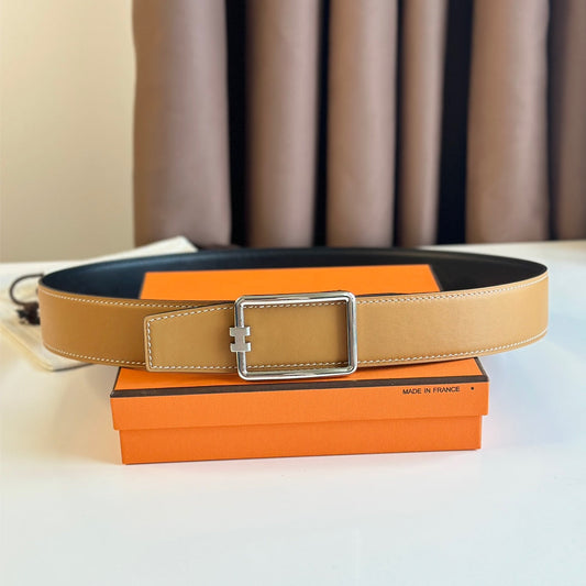 TUBE H BELT BUCKLE & REVERSIBLE PASTEL ORANGE AND BLACK LEATHER STRAP 38MM SILVER HARDWARE