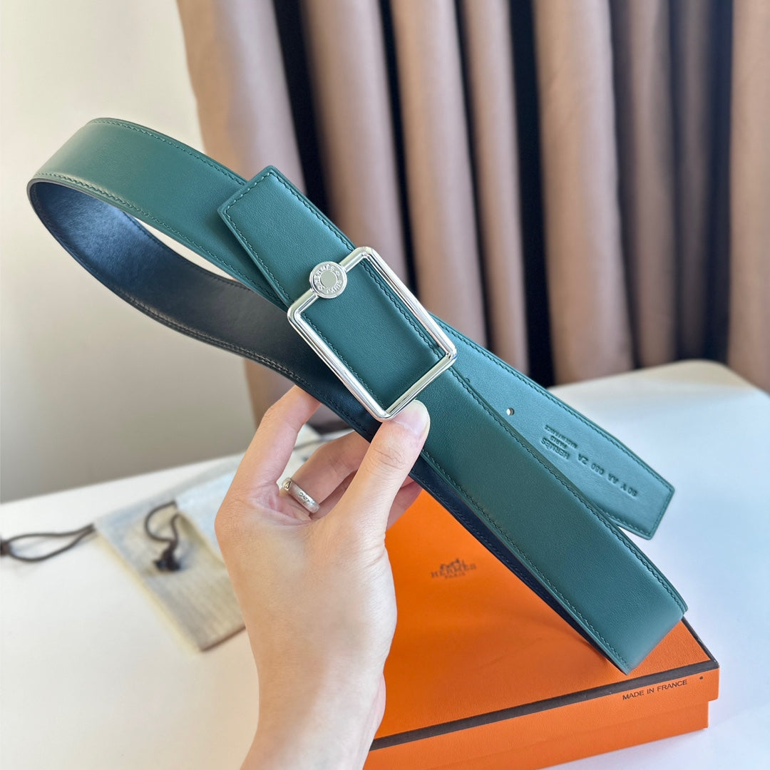 TUBE H BELT BUCKLE & REVERSIBLE TEAL GREEN AND BLACK LEATHER STRAP 38MM SILVER HARDWARE