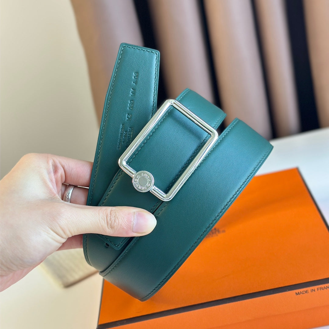 TUBE H BELT BUCKLE & REVERSIBLE TEAL GREEN AND BLACK LEATHER STRAP 38MM SILVER HARDWARE