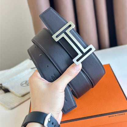 HM  BELT BUCKLE & REVERSIBLE BLACK LEATHER STRAP 38MM SILVER HARDWARE