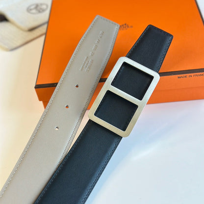HM  BELT BUCKLE & REVERSIBLE GREY PASTEL AND BLACK LEATHER STRAP 38MM SILVER HARDWARE