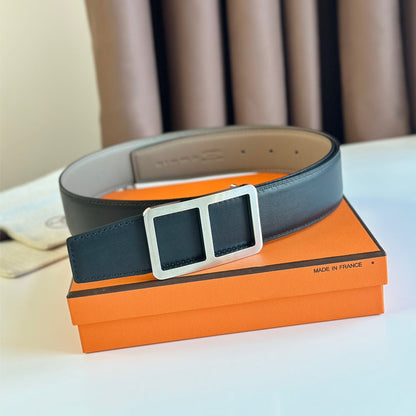 HM  BELT BUCKLE & REVERSIBLE GREY PASTEL AND BLACK LEATHER STRAP 38MM SILVER HARDWARE