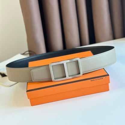 HM  BELT BUCKLE & REVERSIBLE GREY PASTEL AND BLACK LEATHER STRAP 38MM SILVER HARDWARE