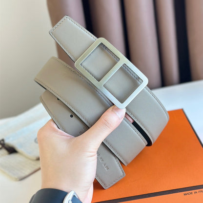 HM  BELT BUCKLE & REVERSIBLE GREY PASTEL AND BLACK LEATHER STRAP 38MM SILVER HARDWARE
