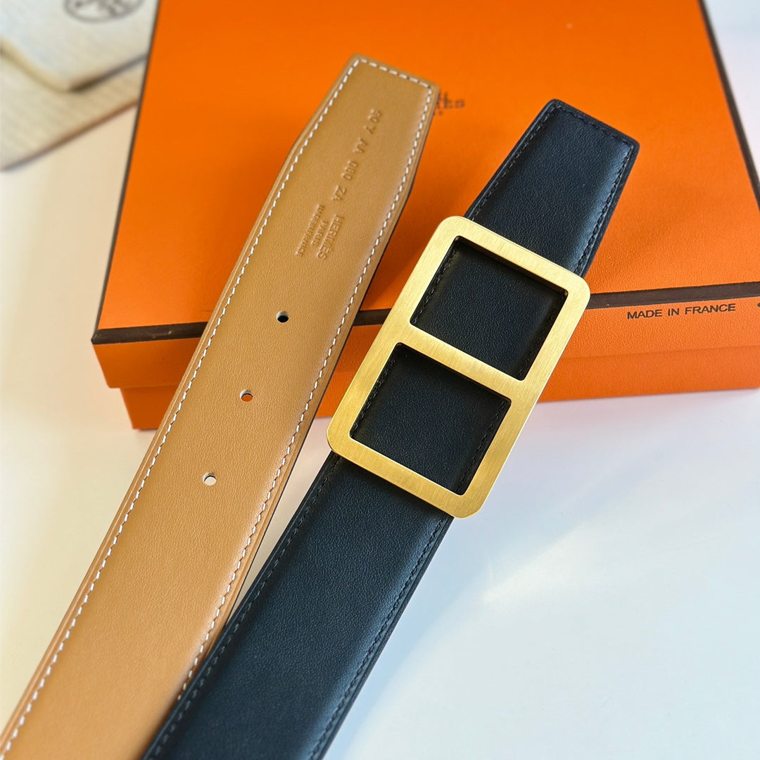 HM  BELT BUCKLE & REVERSIBLE ORANGE PASTEL AND BLACK LEATHER STRAP 38MM GOLD HARDWARE