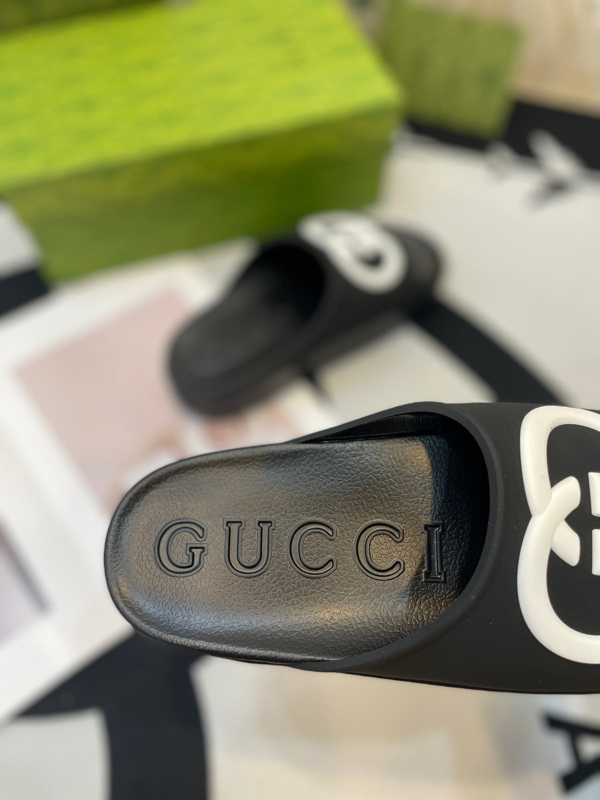 INTERLOCKING G SLIDE SANDAL IN BLACK IMPORTED TPU