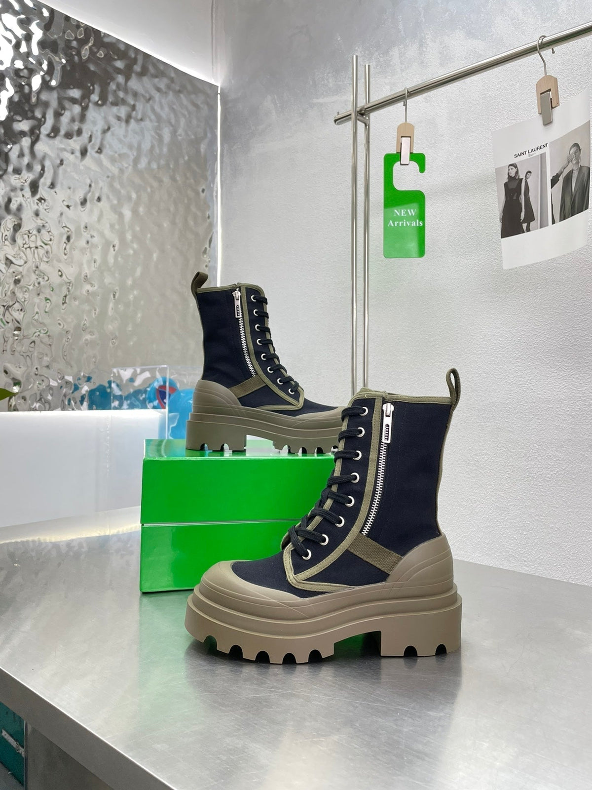 RIBBON BOMBER LACE-UP BOOTS IN BLACK MIX OLIVE GREEN CANVAS