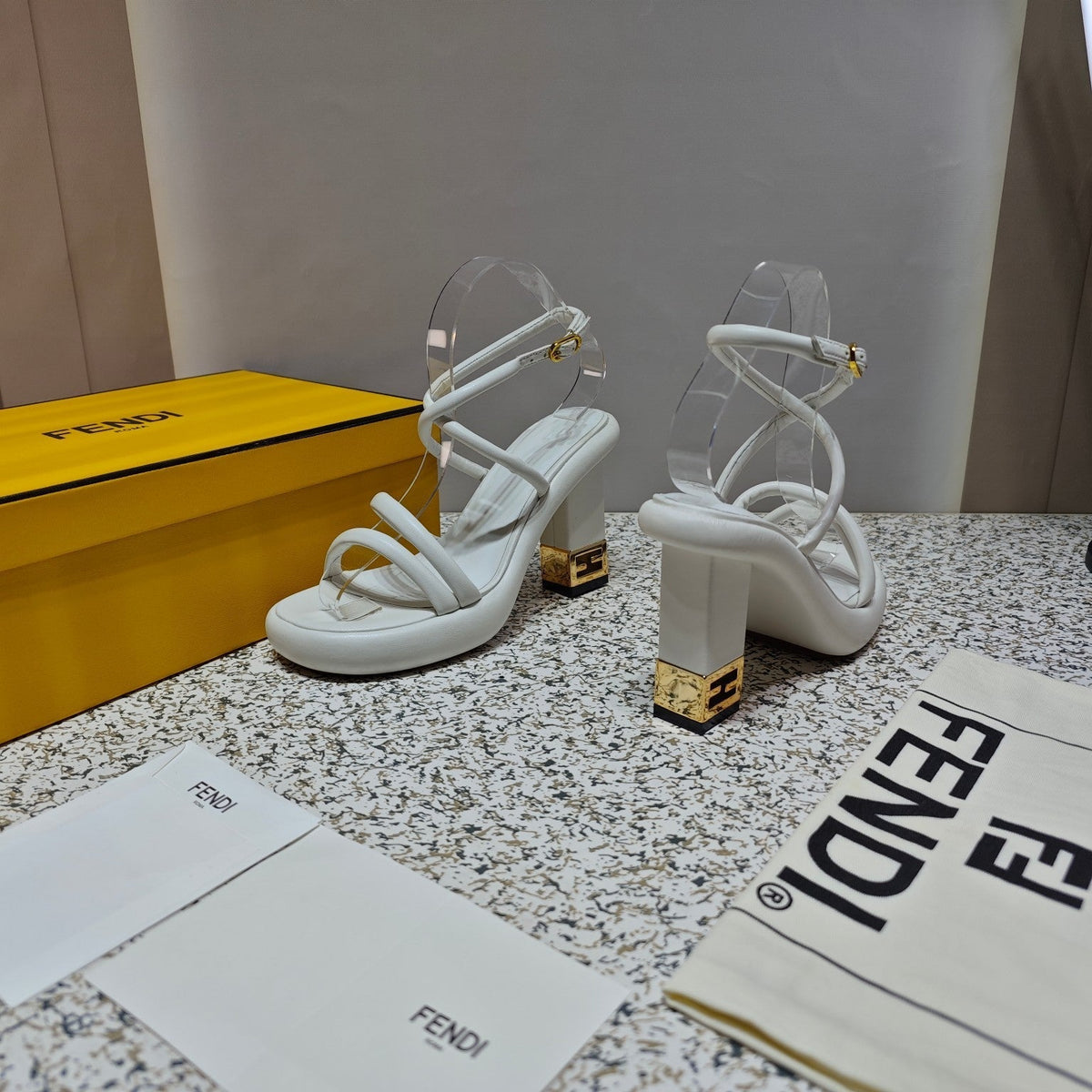 FENDI CHUNKY HIGH-HEELED SANDAL IN WHITE CALFKIN WITH GOLD HARDWARE
