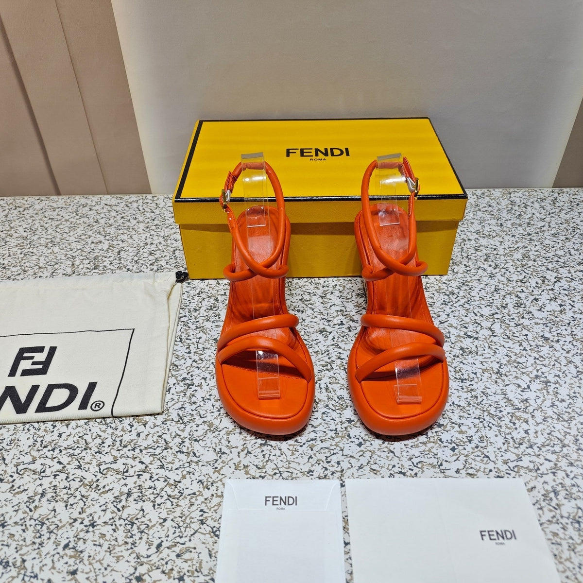 FENDI CHUNKY HIGH-HEELED SANDAL IN ORANGE RED CALFKIN WITH GOLD HARDWARE