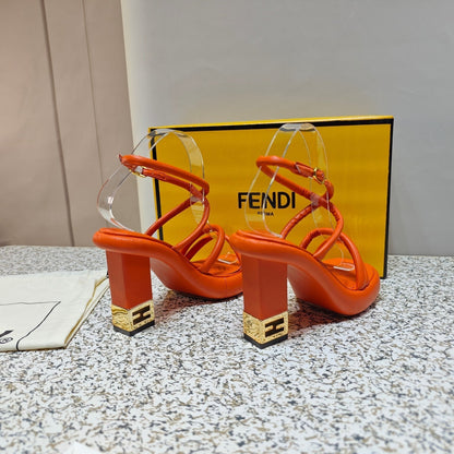 FENDI CHUNKY HIGH-HEELED SANDAL IN ORANGE RED CALFKIN WITH GOLD HARDWARE