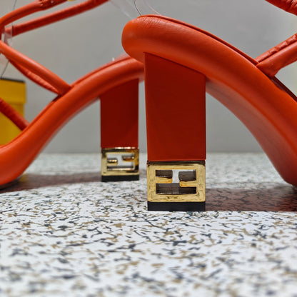 FENDI CHUNKY HIGH-HEELED SANDAL IN ORANGE RED CALFKIN WITH GOLD HARDWARE