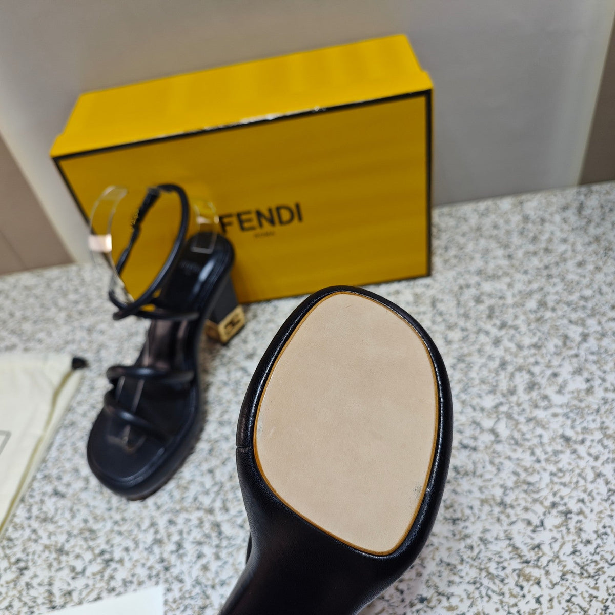 FENDI CHUNKY HIGH-HEELED SANDAL IN BLACK CALFKIN WITH GOLD HARDWARE