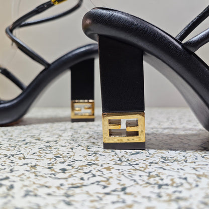 FENDI CHUNKY HIGH-HEELED SANDAL IN BLACK CALFKIN WITH GOLD HARDWARE