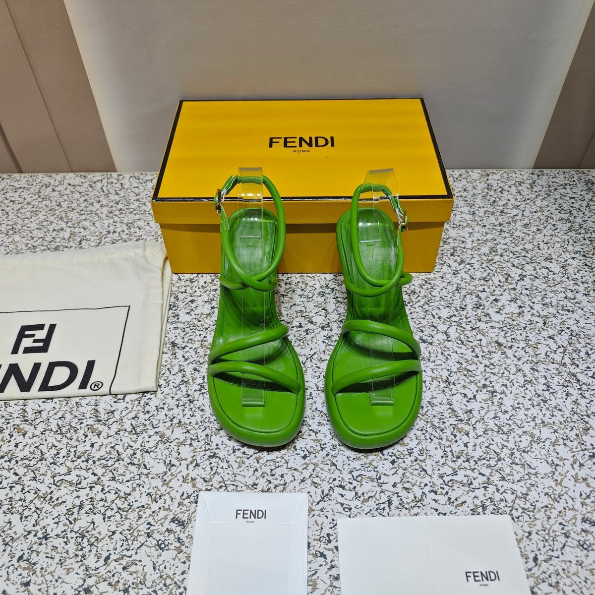 FENDI CHUNKY HIGH-HEELED SANDAL IN SHAMROCK GREEN CALFKIN WITH GOLD HARDWARE