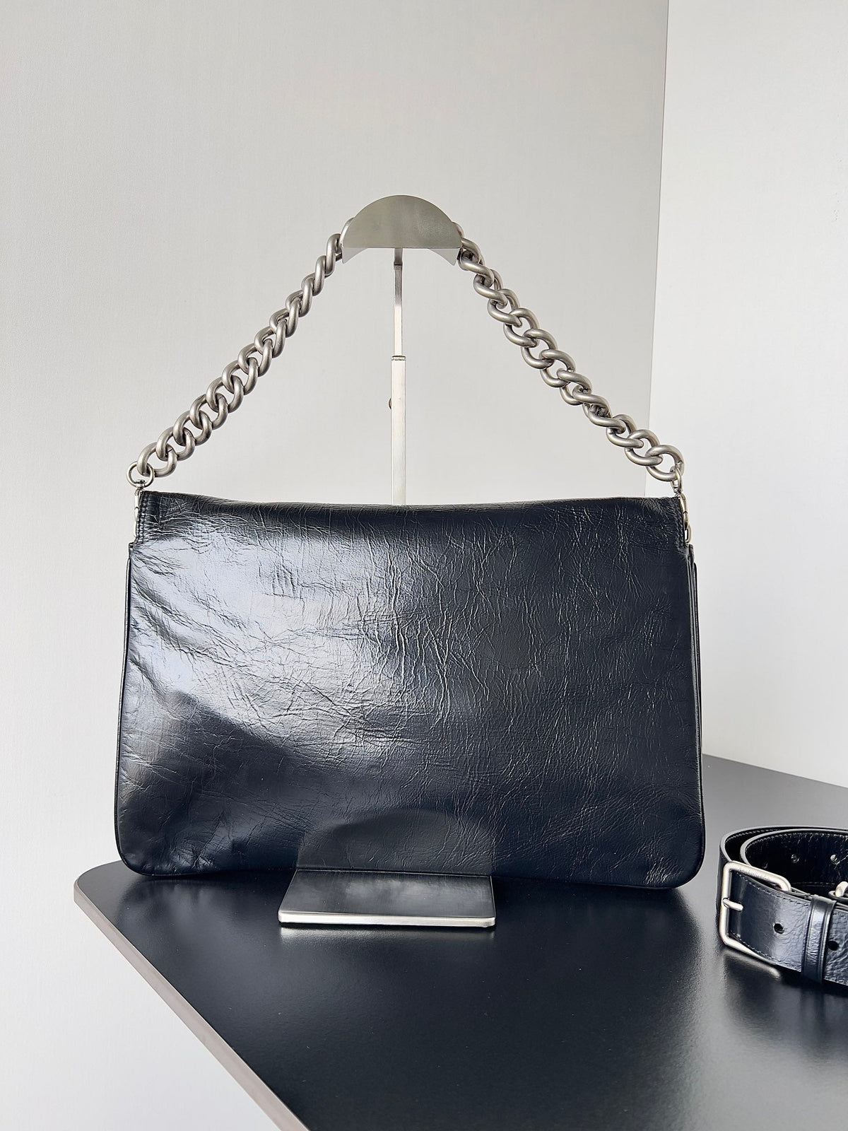 BB SOFT FLAP BAG 36 IN BLACK PEACH CALFSKIN SILVER HARDWARE