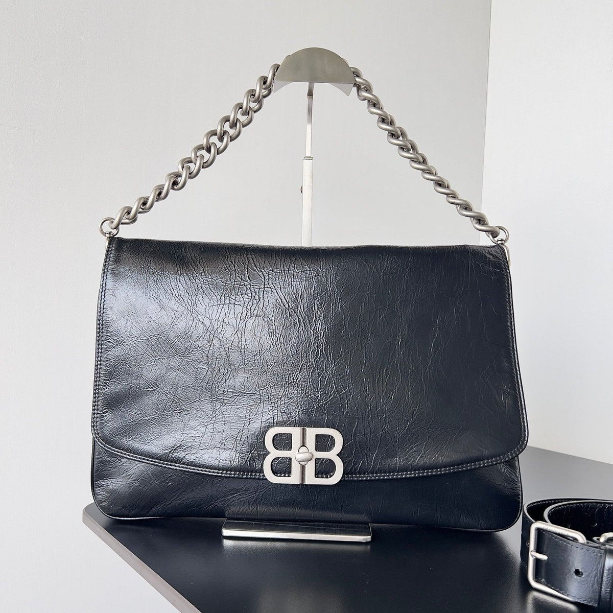 BB SOFT FLAP BAG 36 IN BLACK PEACH CALFSKIN SILVER HARDWARE