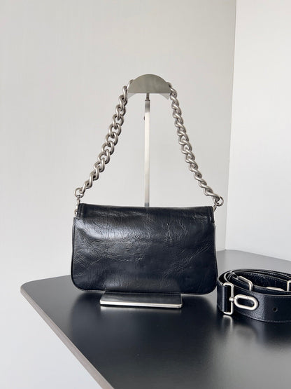 BB SOFT FLAP BAG 25 IN BLACK PEACH CALFSKIN SILVER HARDWARE