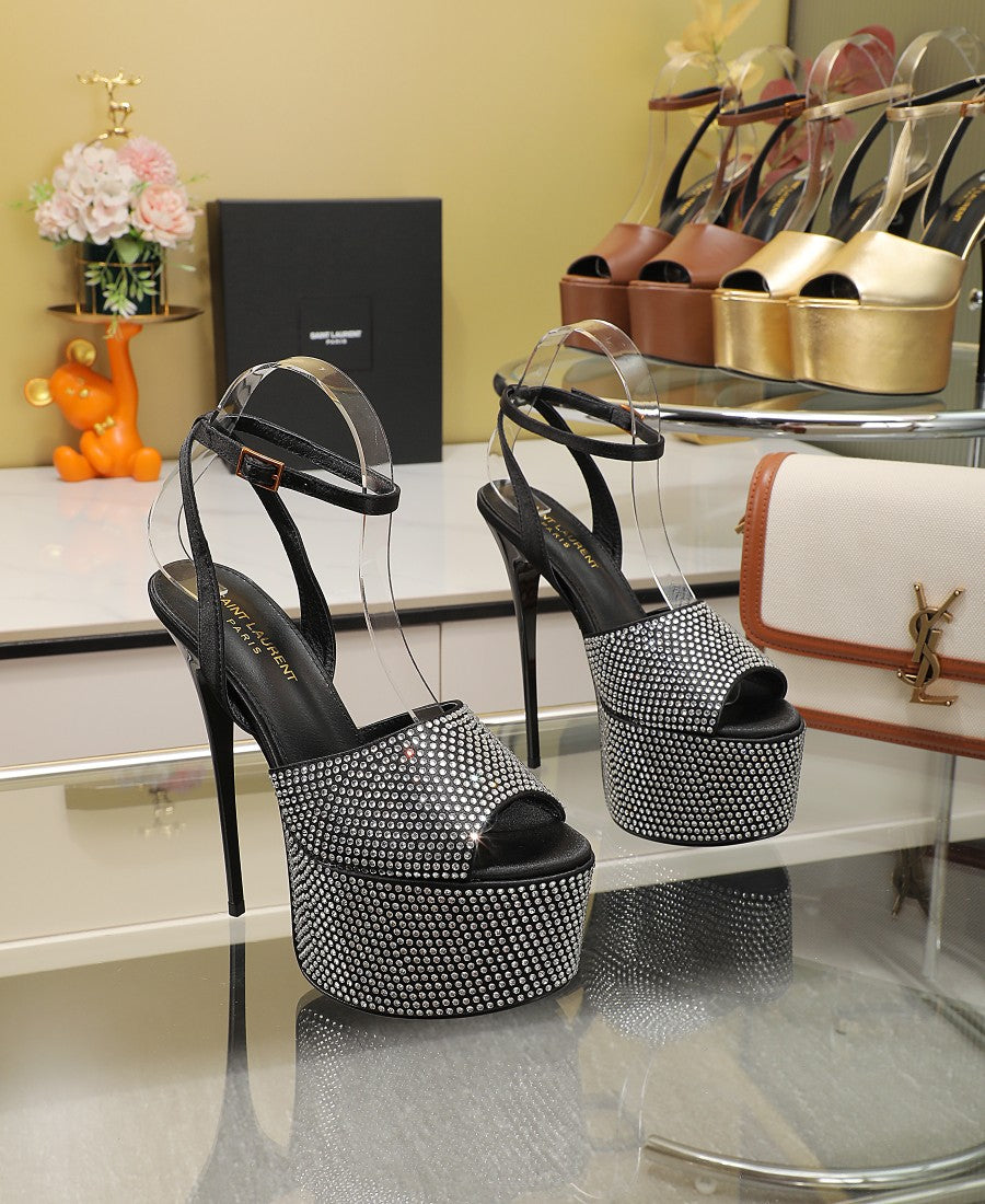 SL SUPER HIGH HEELS SANDAL BLACK SATIN-WHITE CRYSTAL