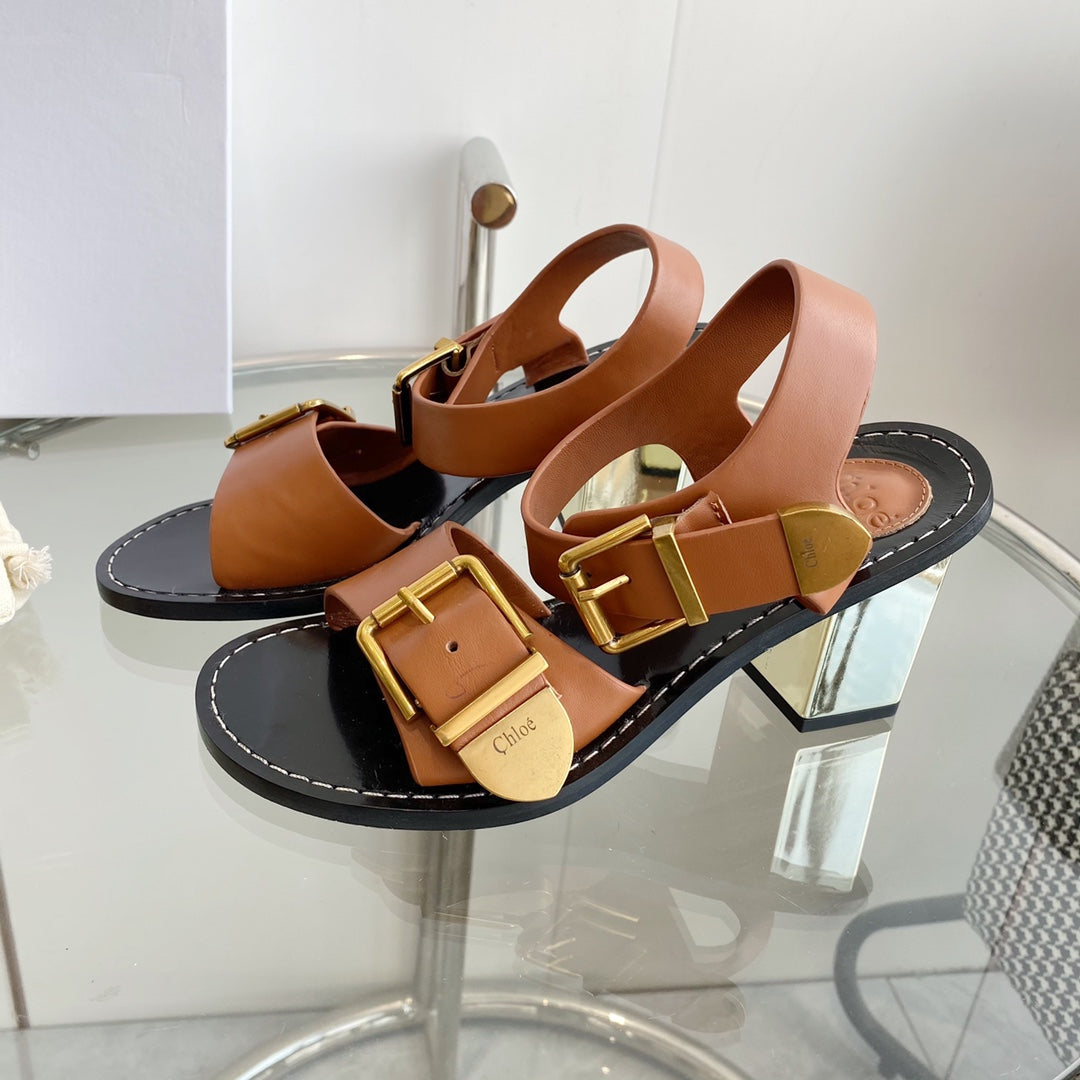 REBECCA LOW HEELED SANDAL IN CINNAMON BROWN LAMBSKIN GOLD HARDWARE