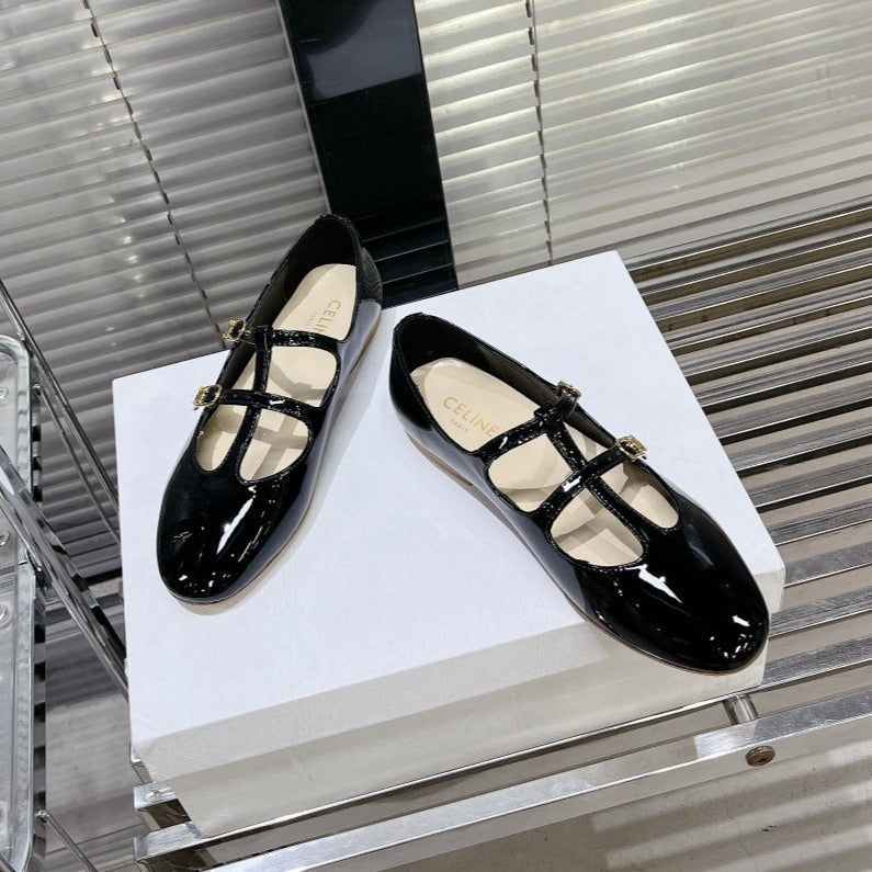 FLAT SANDALS WITH DOUBLE STRAP-DESIGN LEATHER BLACK