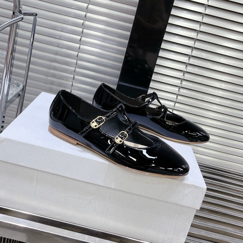 FLAT SANDALS WITH DOUBLE STRAP-DESIGN LEATHER BLACK