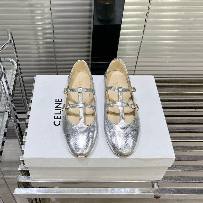 FLAT SANDALS WITH DOUBLE STRAP-DESIGN LEATHER SILVER