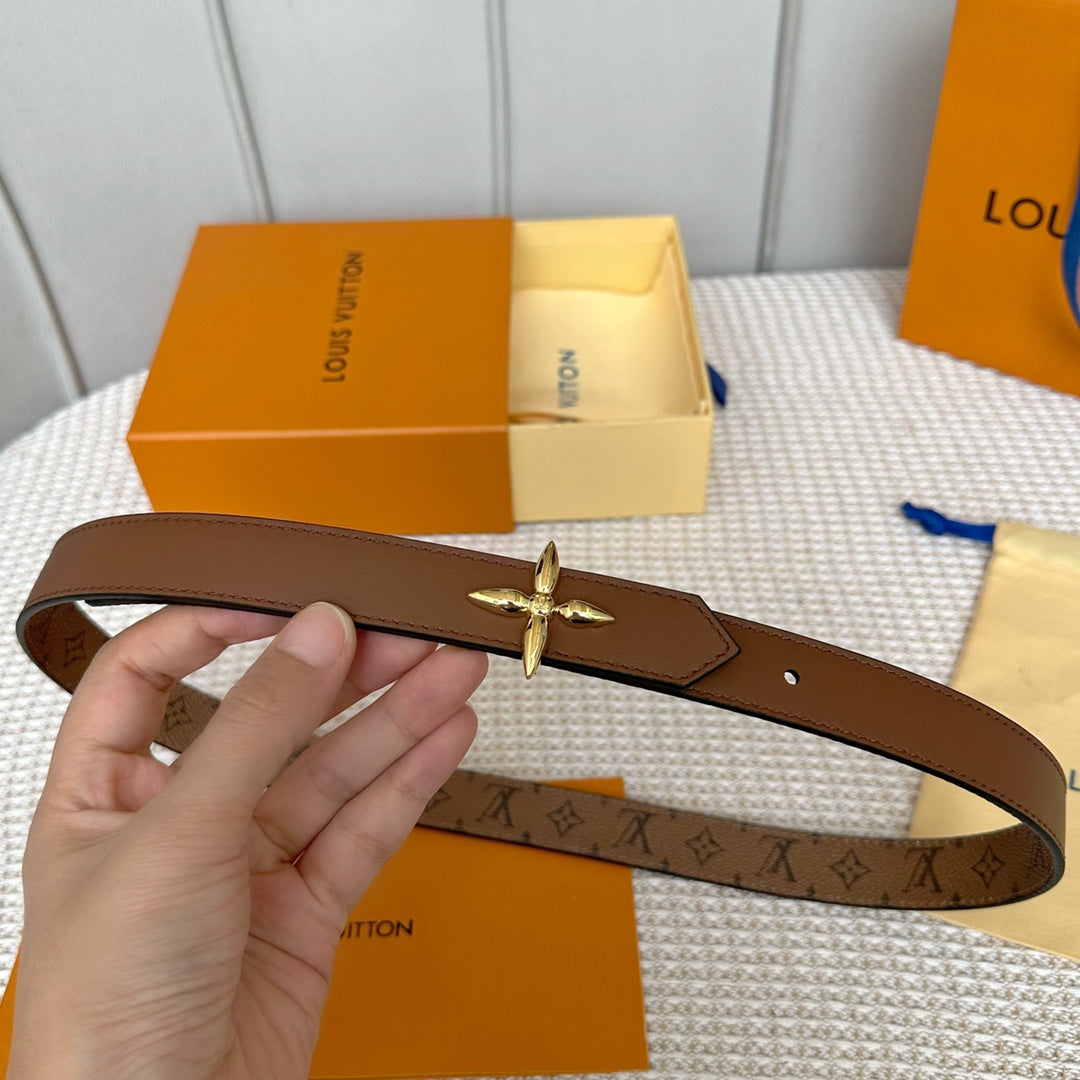 LV FLOWERGRAM 25 MM REVERSIBLE BELT IN BROWN MONOGRAM CALFSKIN GOLD HARDWARE