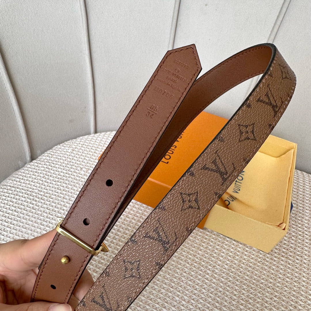 LV FLOWERGRAM 25 MM REVERSIBLE BELT IN BROWN MONOGRAM CALFSKIN GOLD HARDWARE