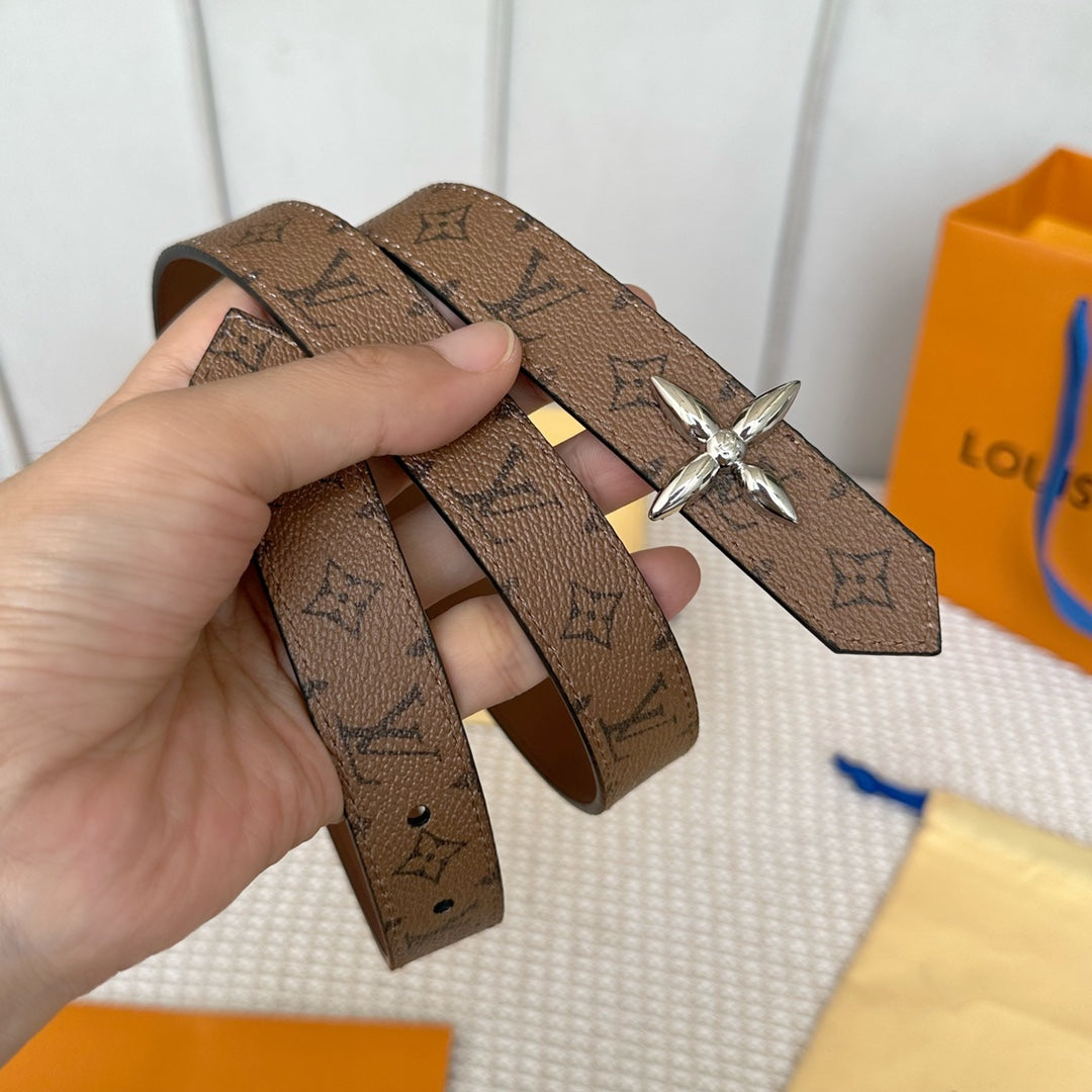 LV FLOWERGRAM 25 MM REVERSIBLE BELT IN BROWN MONOGRAM CALFSKIN SILVER HARDWARE