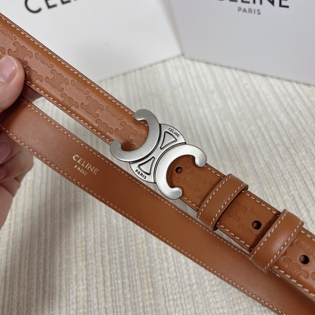Medium Triomphe Belt 25mm Tan Calfskin White Line Finishing Silver Finishing