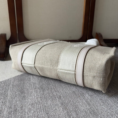 MEDIUM WOODY TOTE BAG 37 IN BEIGE LINEN CANVAS WEBBING LOGO EMBROIDER COTTON WHITE CALFSKIN