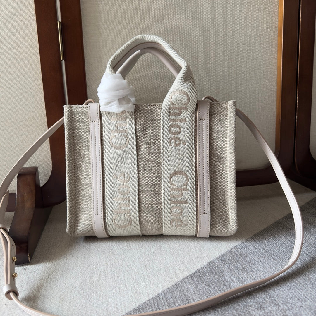 SMALL WOODY TOTE BAG 26.5 IN BEIGE LINEN CANVAS WEBBING LOGO EMBROIDER COTTON WHITE CALFSKIN