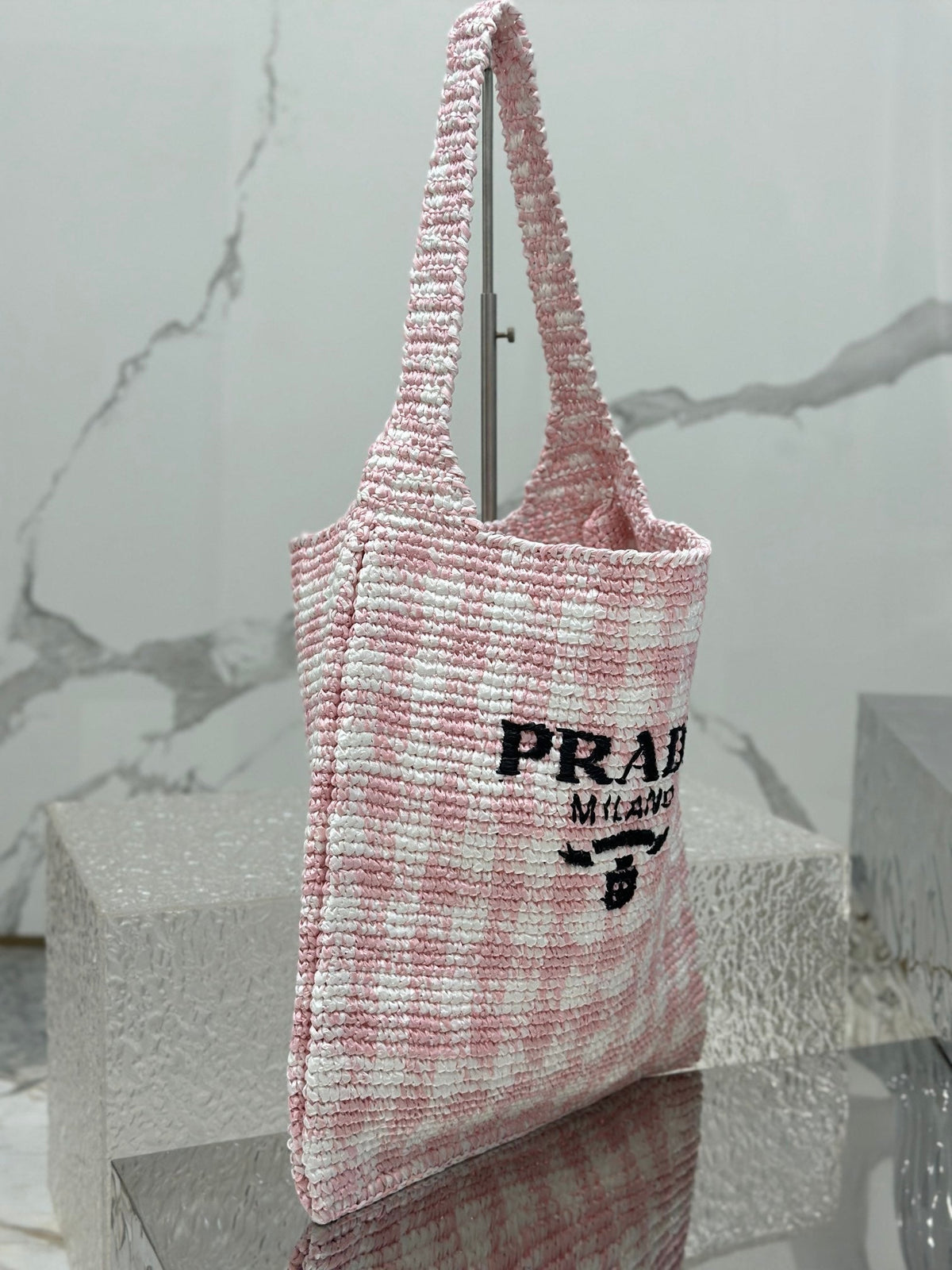 LARGE TOTE BAG 45 IN PINK MIX WHITE AND BLACK WOVEN RAFFIA
