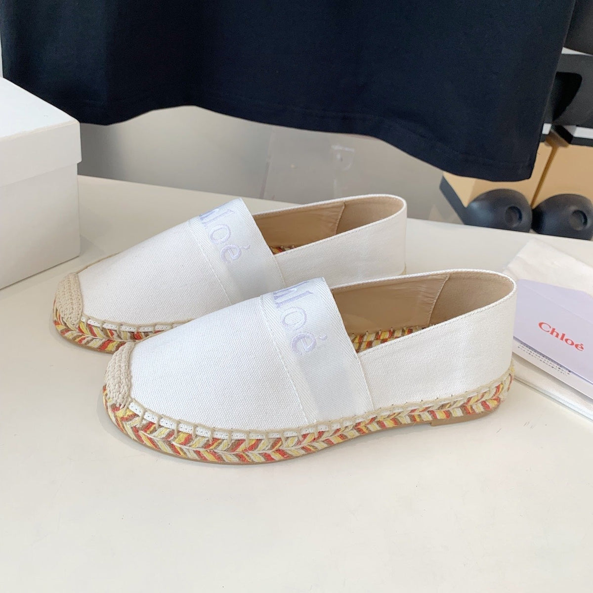 LOAFER SHOES IN WHITE DENIM AND WOVEN RAFFIA