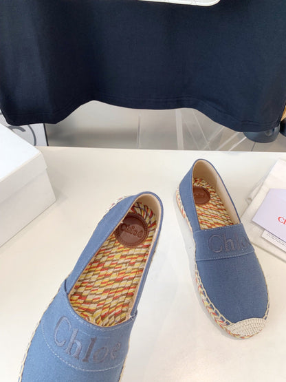 LOAFER SHOES IN PIGEON BLUE DENIM AND WOVEN RAFFIA