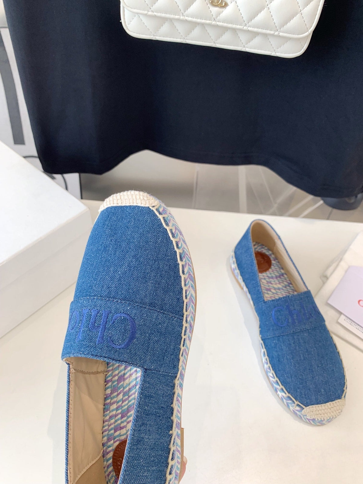 LOAFER SHOES IN CERULEAN BLUE DENIM AND WOVEN RAFFIA