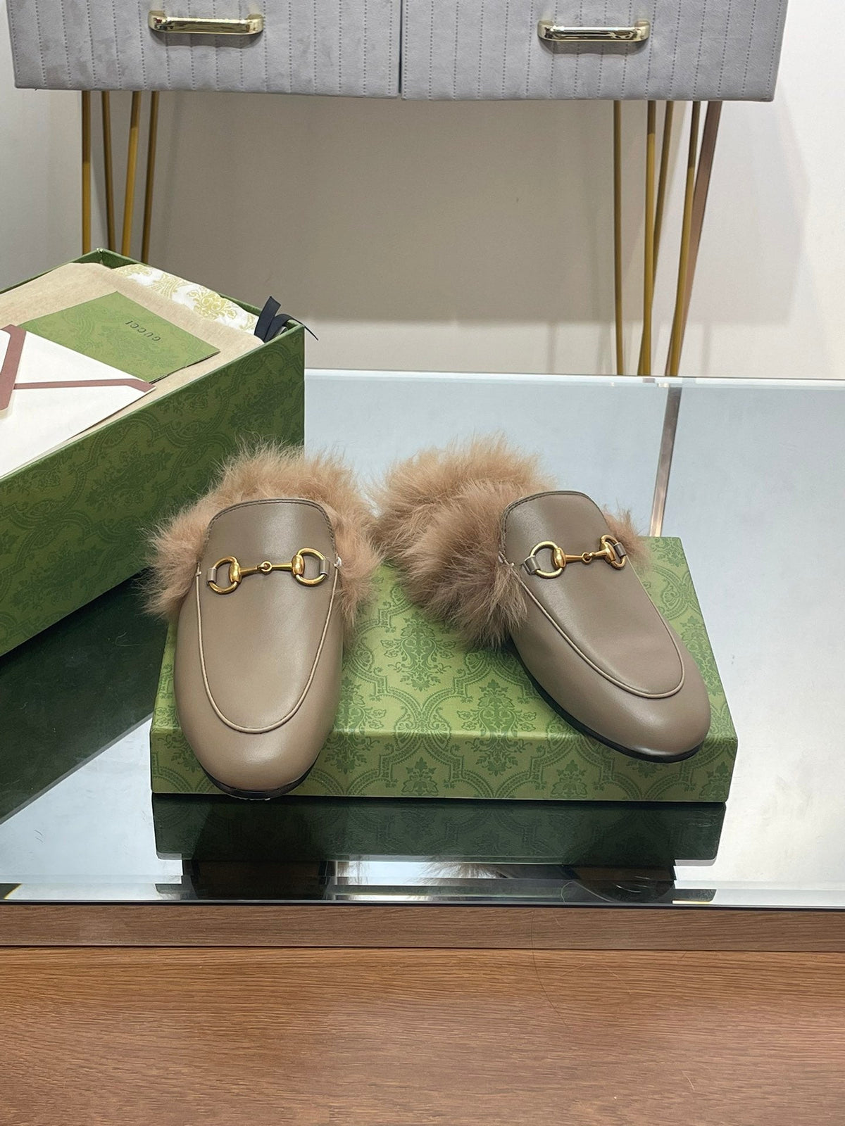 HORSEBIT MULE IN PEANUT BROWN CALFSKIN AND LAMB WOOL LINING