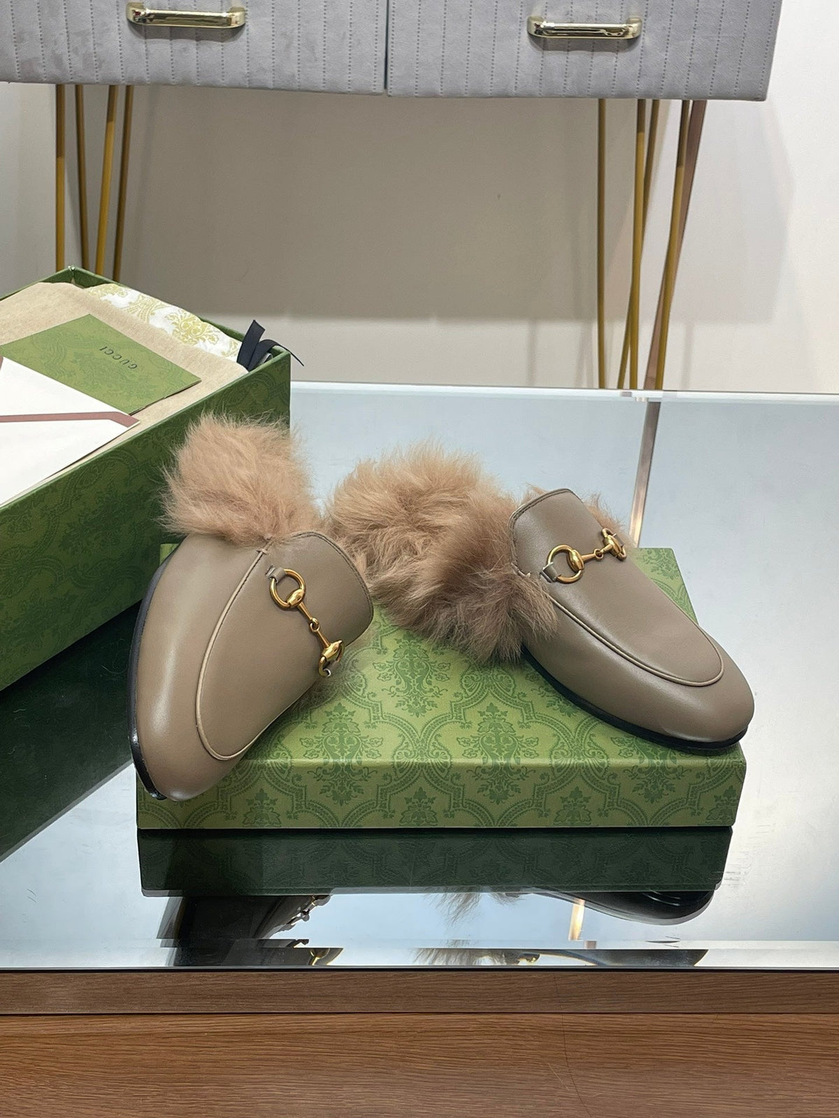 HORSEBIT MULE IN PEANUT BROWN CALFSKIN AND LAMB WOOL LINING