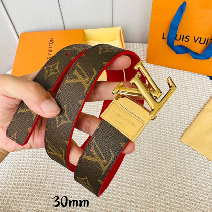 LV Initiales 30mm Reversible Belt Gold Rotating Buckle Red Brown Leather