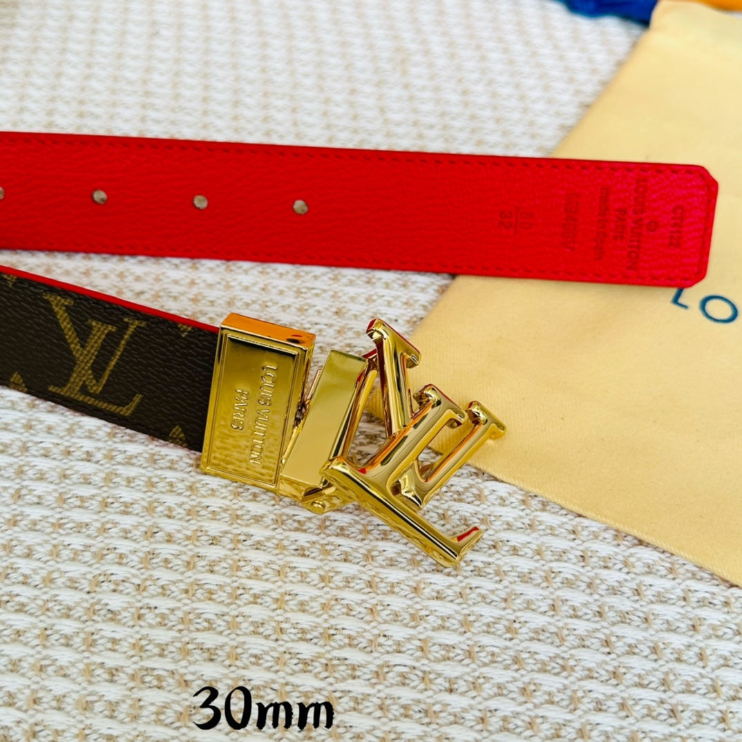 LV Initiales 30mm Reversible Belt Gold Rotating Buckle Red Brown Leather
